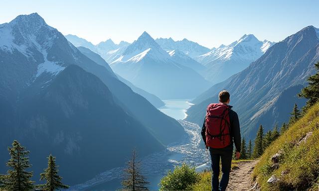 A hiker on a mountain trail overlooking a vast valley in the Swiss Alps, suggesting adventure and scenic beauty.