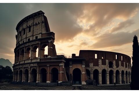 Ancient Roman ruins silhouetted against a dramatic sky.