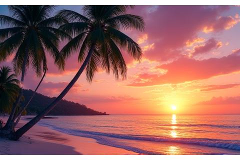 Tropical beach at sunset with palm trees silhouetted against an orange sky.