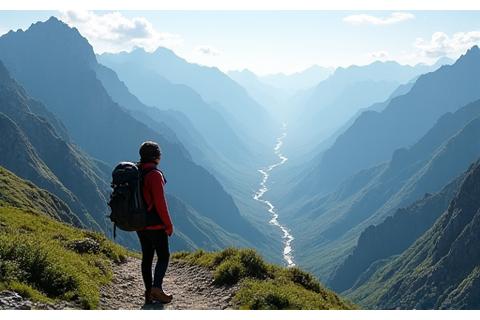 Hiker on a mountain trail overlooking a vast valley and peaks.