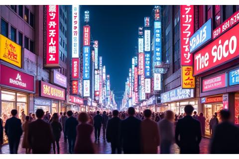 Neon-lit Tokyo city street at night with bustling crowds and tall buildings.