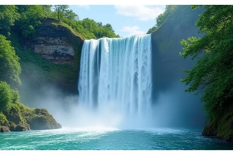 Powerful waterfall cascading into a lush green pool, surrounded by dense forest.