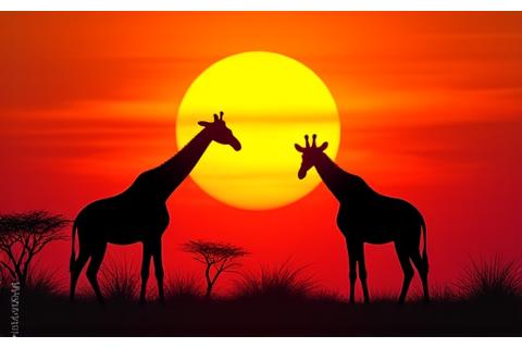 Giraffes silhouetted against an African savanna sunset.