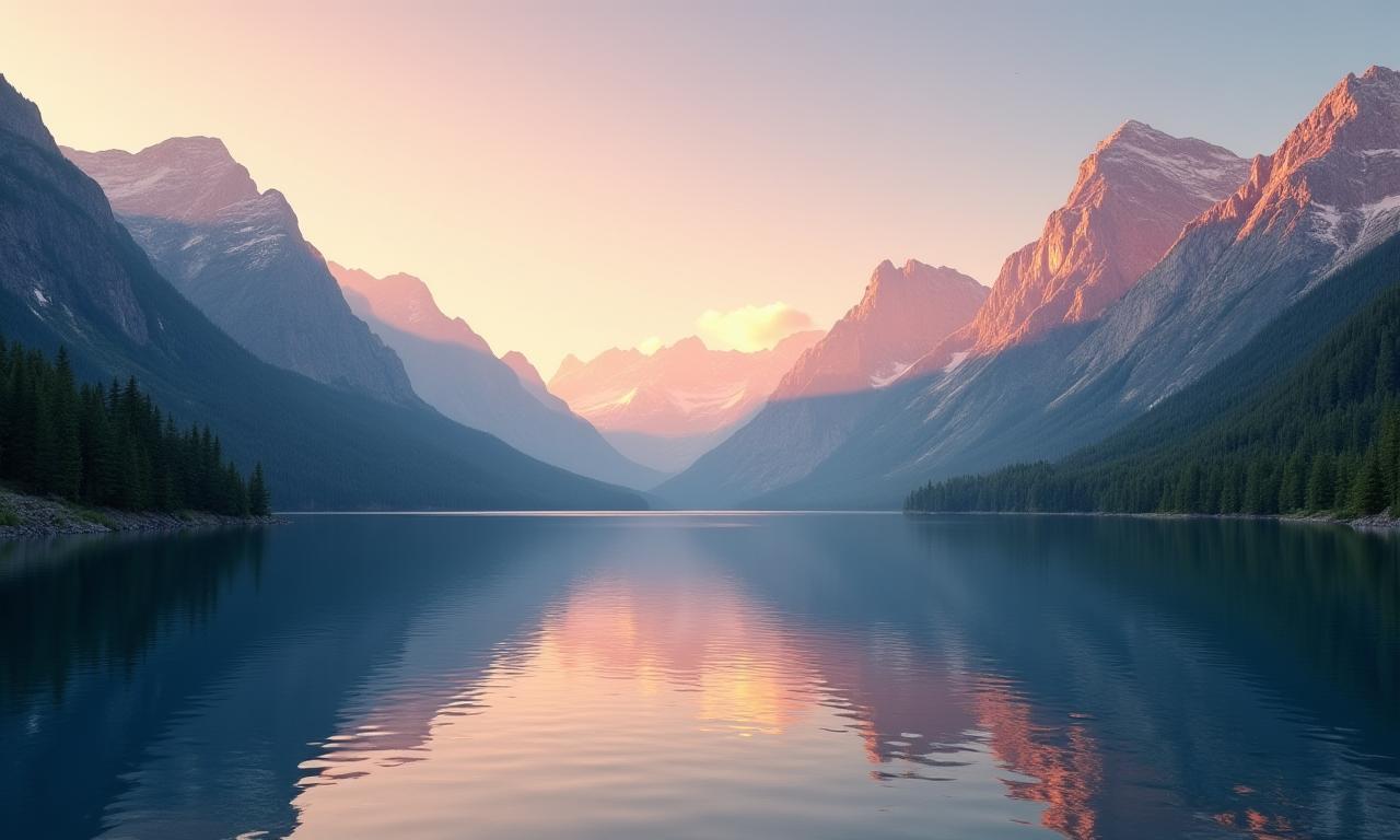 Stunning mountain lake landscape at dawn, reflecting the sky