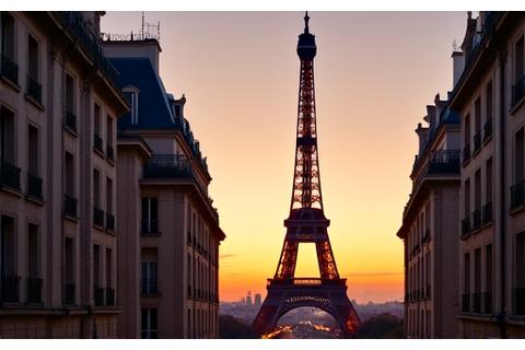 Eiffel Tower at sunset with classic Parisian architecture